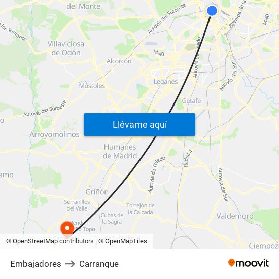 Embajadores to Carranque map