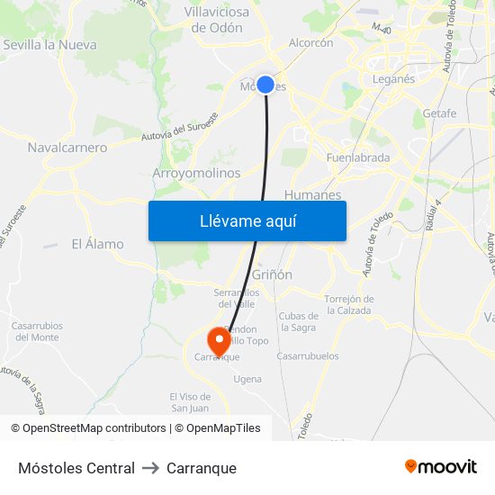 Móstoles Central to Carranque map