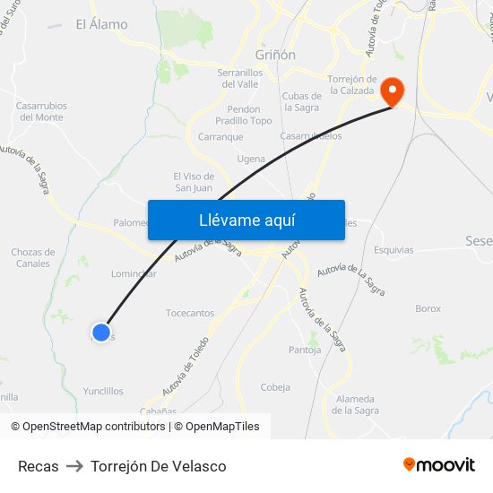 Recas to Torrejón De Velasco map
