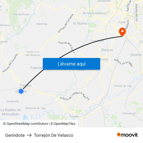 Gerindote to Torrejón De Velasco map