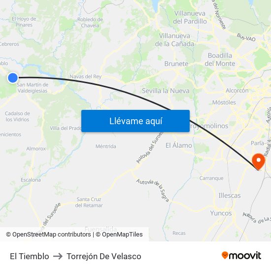 El Tiemblo to Torrejón De Velasco map