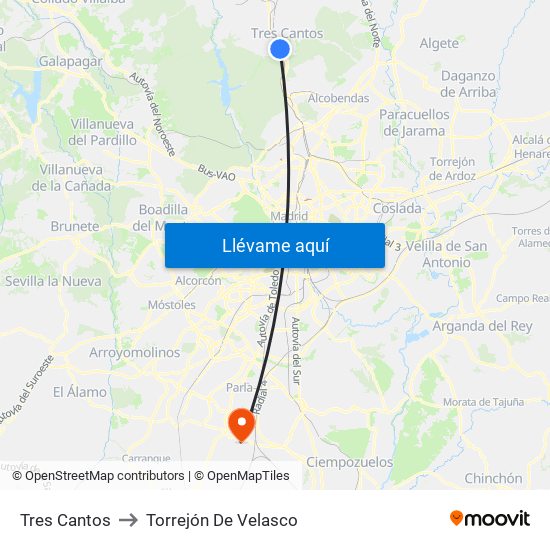Tres Cantos to Torrejón De Velasco map