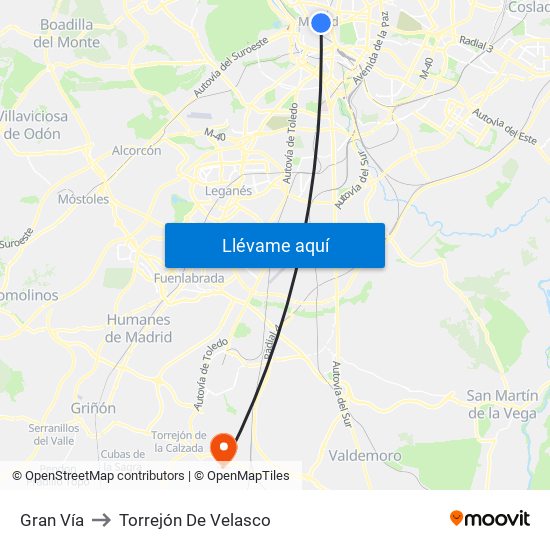 Gran Vía to Torrejón De Velasco map