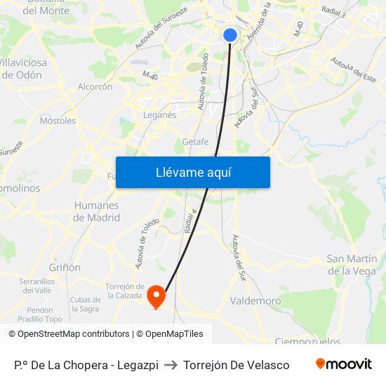 P.º De La Chopera - Legazpi to Torrejón De Velasco map