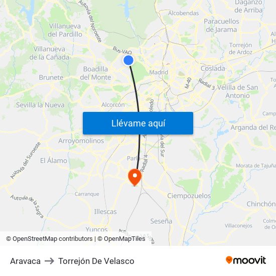 Aravaca to Torrejón De Velasco map