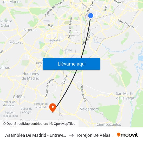 Asamblea De Madrid - Entrevías to Torrejón De Velasco map