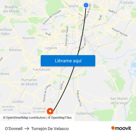 O'Donnell to Torrejón De Velasco map