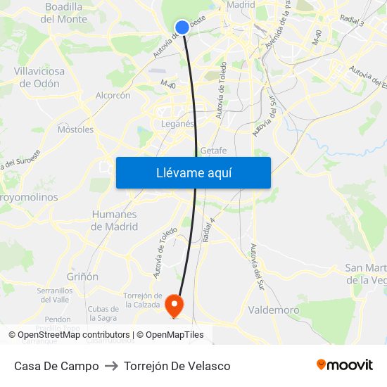 Casa De Campo to Torrejón De Velasco map