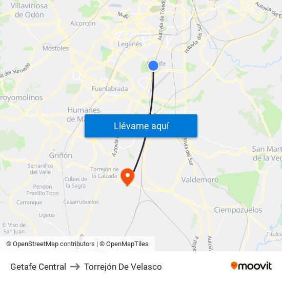 Getafe Central to Torrejón De Velasco map