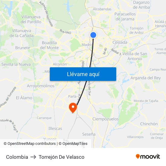 Colombia to Torrejón De Velasco map