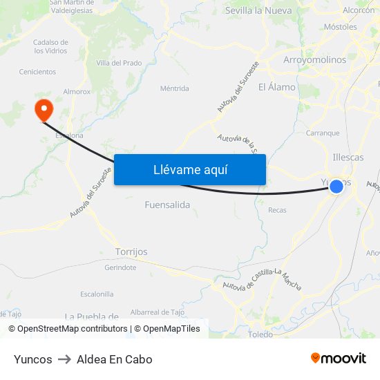 Yuncos to Aldea En Cabo map