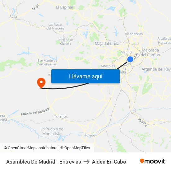 Asamblea De Madrid - Entrevías to Aldea En Cabo map