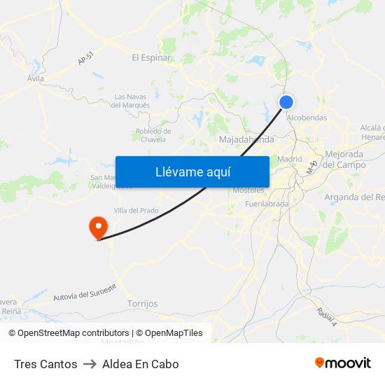 Tres Cantos to Aldea En Cabo map