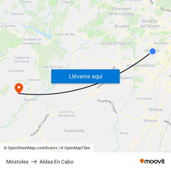 Móstoles to Aldea En Cabo map