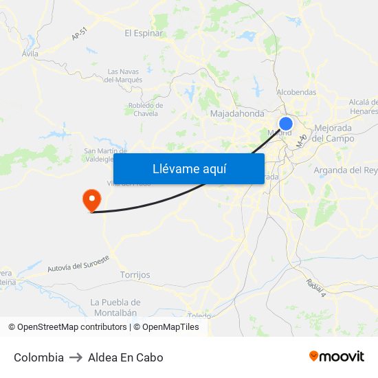 Colombia to Aldea En Cabo map