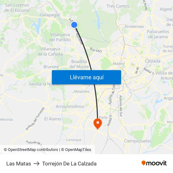 Las Matas to Torrejón De La Calzada map