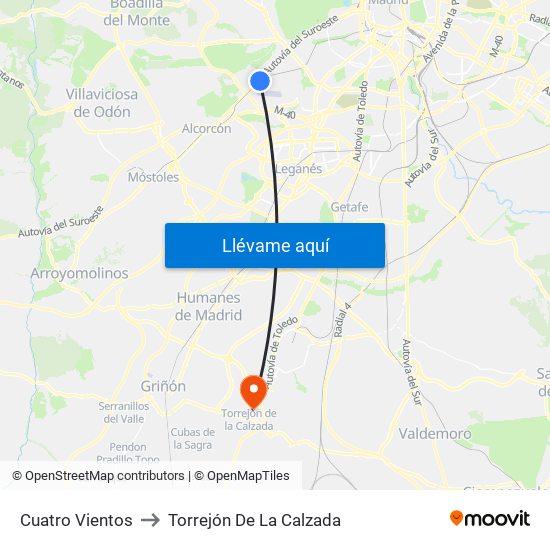 Cuatro Vientos to Torrejón De La Calzada map