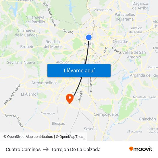 Cuatro Caminos to Torrejón De La Calzada map