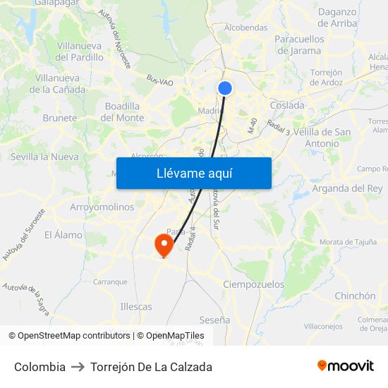 Colombia to Torrejón De La Calzada map