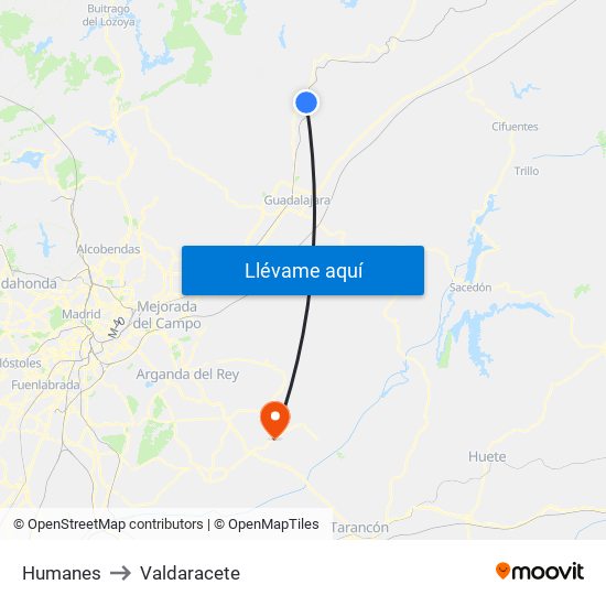 Humanes to Valdaracete map