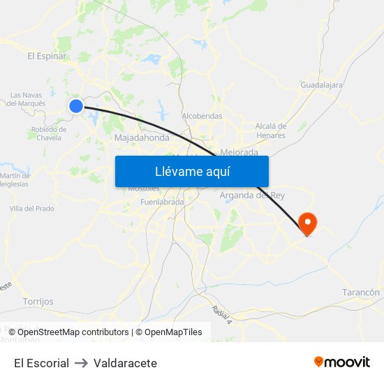 El Escorial to Valdaracete map