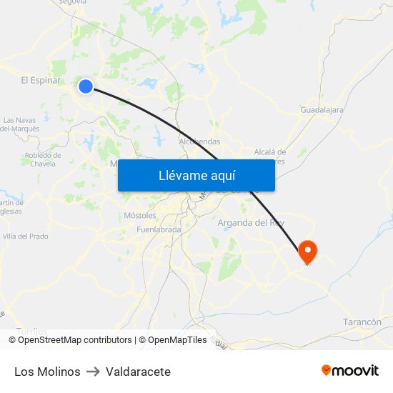 Los Molinos to Valdaracete map