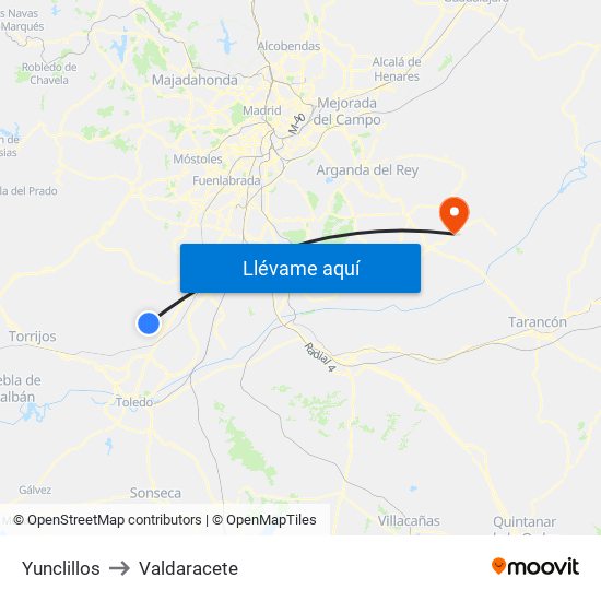 Yunclillos to Valdaracete map