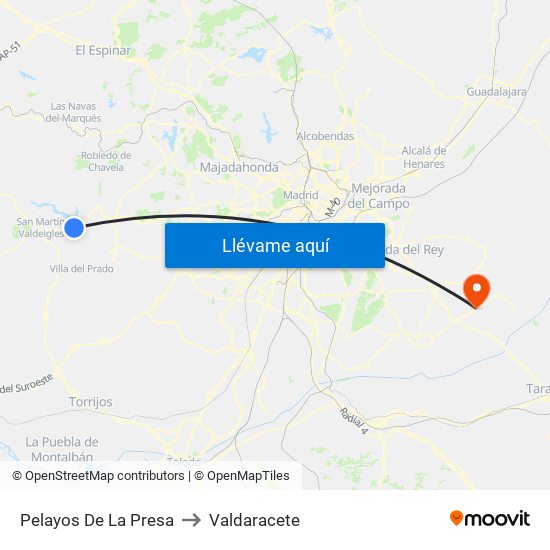 Pelayos De La Presa to Valdaracete map
