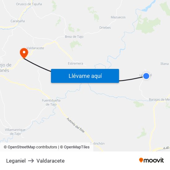 Leganiel to Valdaracete map