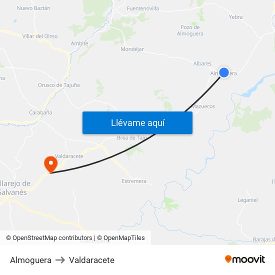 Almoguera to Valdaracete map