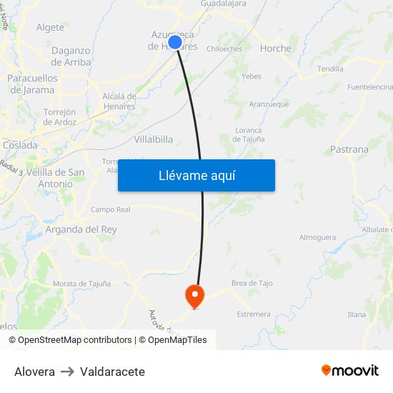 Alovera to Valdaracete map