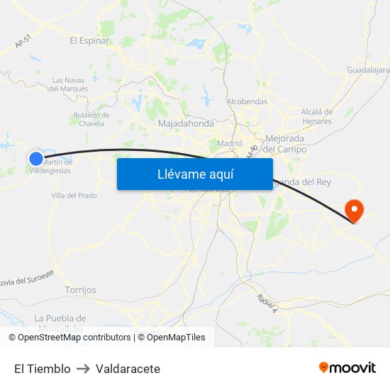 El Tiemblo to Valdaracete map