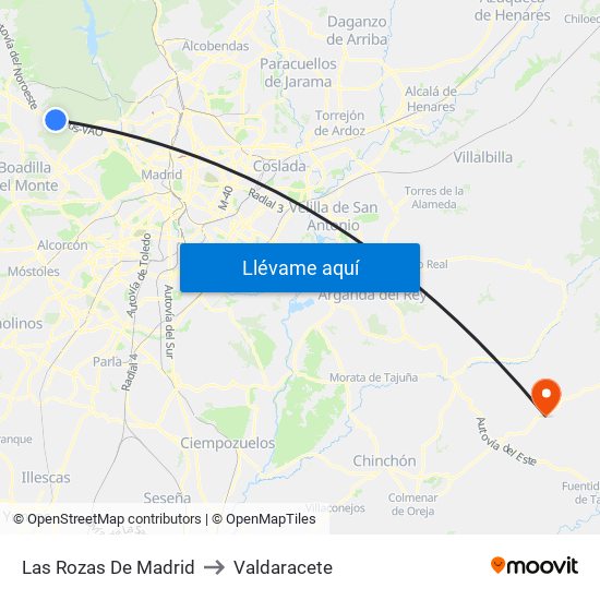 Las Rozas De Madrid to Valdaracete map