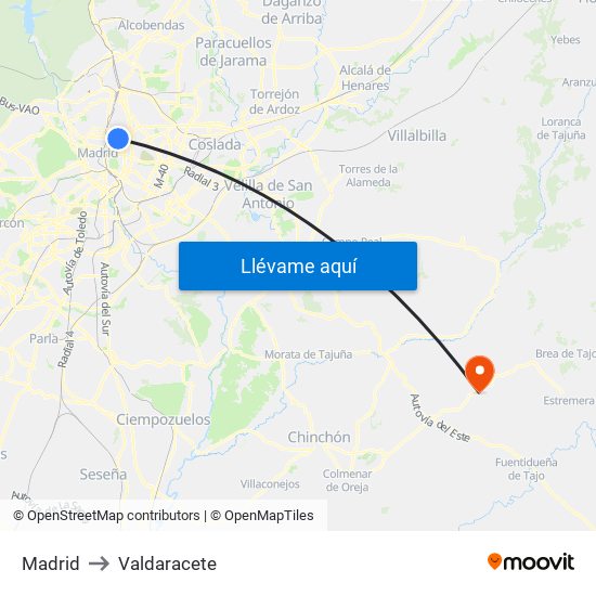 Madrid to Valdaracete map