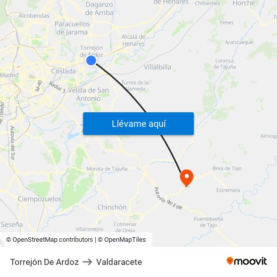 Torrejón De Ardoz to Valdaracete map