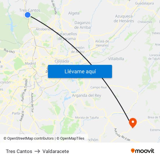 Tres Cantos to Valdaracete map