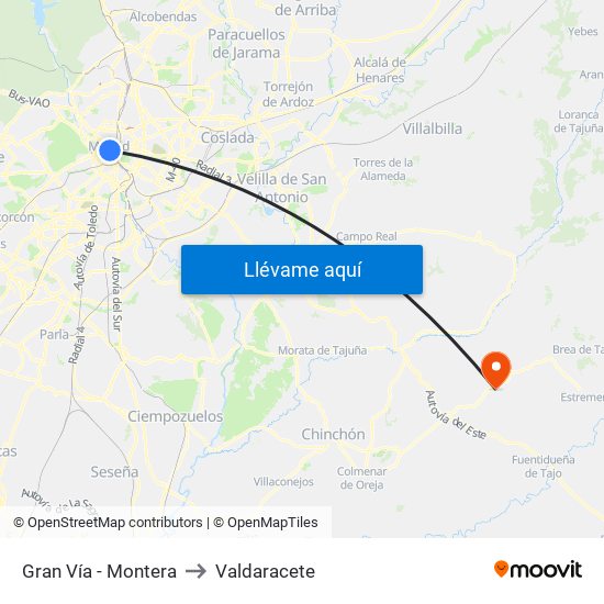 Gran Vía - Montera to Valdaracete map