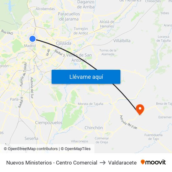 Nuevos Ministerios - Centro Comercial to Valdaracete map