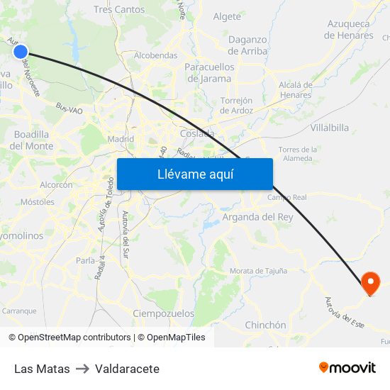 Las Matas to Valdaracete map