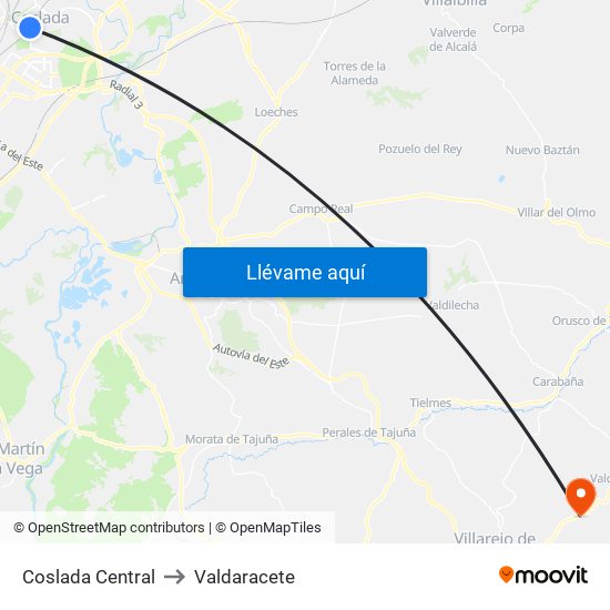 Coslada Central to Valdaracete map