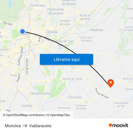 Moncloa to Valdaracete map