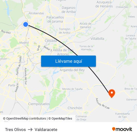 Tres Olivos to Valdaracete map