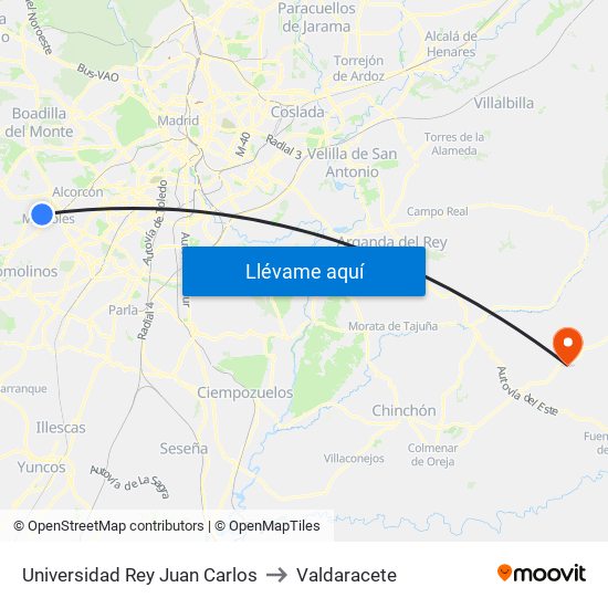 Universidad Rey Juan Carlos to Valdaracete map
