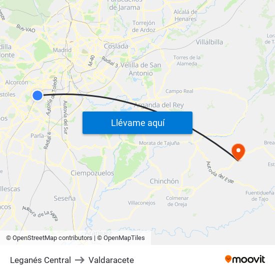 Leganés Central to Valdaracete map