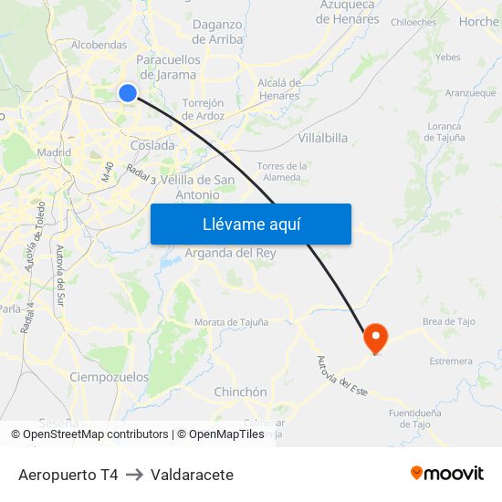 Aeropuerto T4 to Valdaracete map