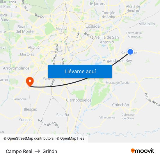 Campo Real to Griñón map