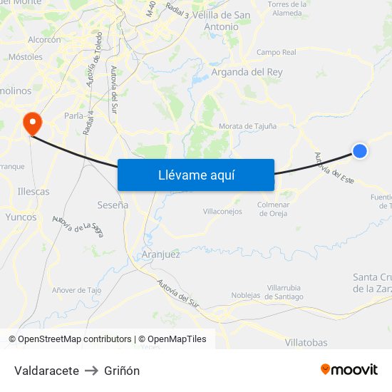 Valdaracete to Griñón map
