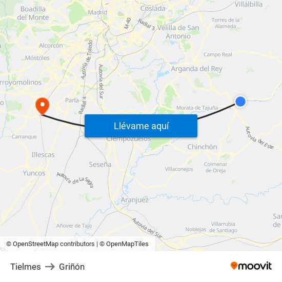 Tielmes to Griñón map