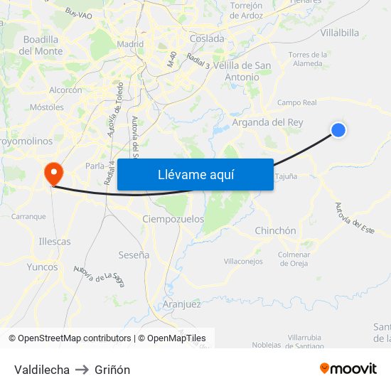 Valdilecha to Griñón map