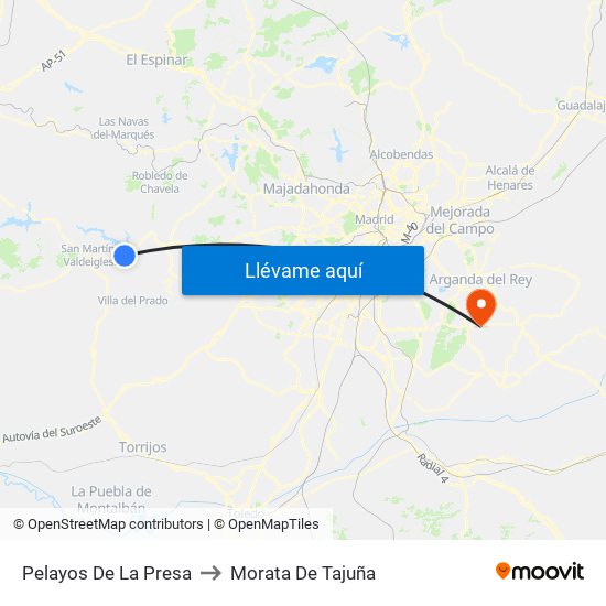 Pelayos De La Presa to Morata De Tajuña map